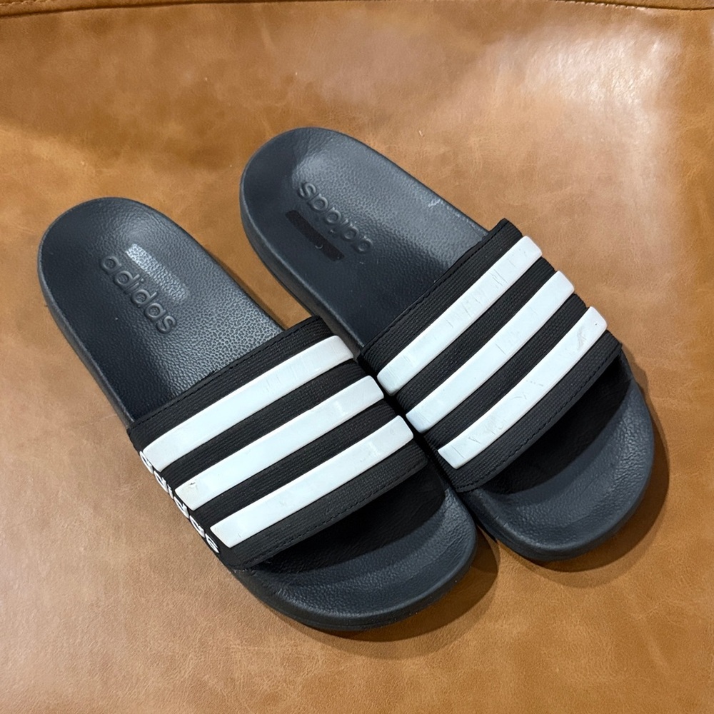 Adidas Black and White Striped Slides